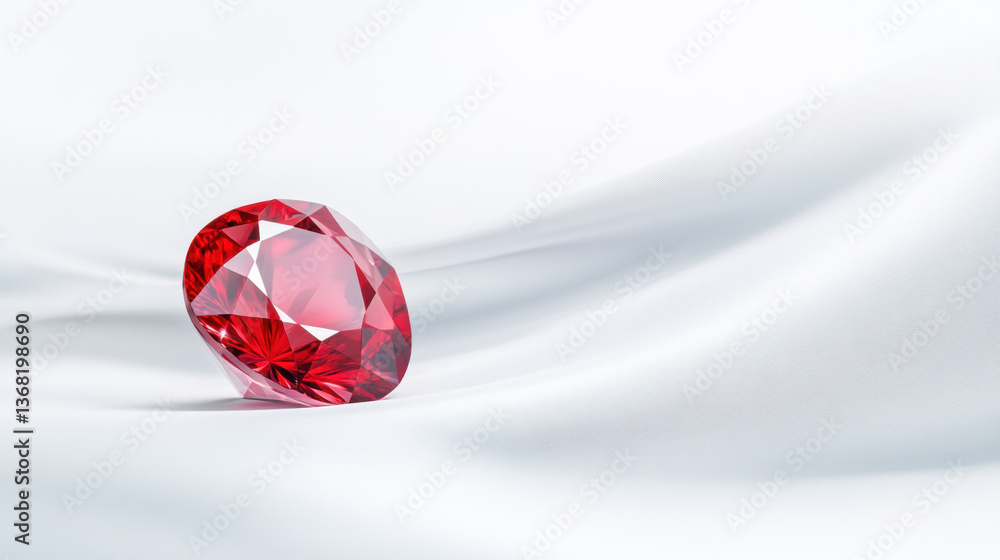 Poster a sparkling ruby gem rests elegantly on a soft white fabric backdrop.