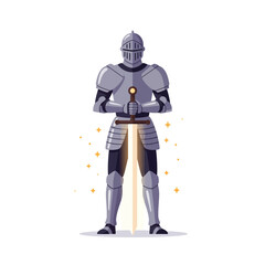 Fototapeta premium Knight in shining armor with sword glowing in flat vector art