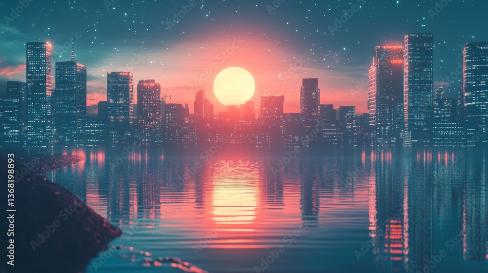Poster retro futuristic night city concept. cityscape isolated on a dark background with reflection in wate