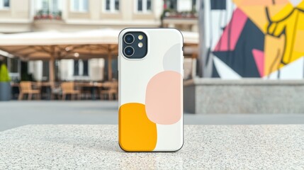 A modern phone case mockup featured against a backdrop of an urban setting, with a stylish cafe and street art in the distance. The case stands out with its customizable graphic design, appealing to