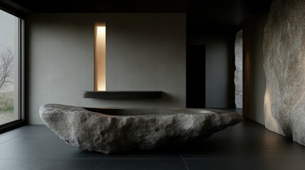 Modern minimalist bathroom featuring a large, unique stone bathtub.  A serene space with muted tones and natural light filtering through large windows