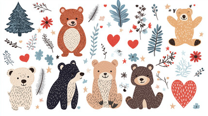 Enchanting Bear Delight: A collection of delightful bear illustrations, surrounded by charming botanical and heart elements, creating a whimsical scene.