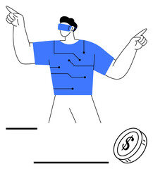 Man wearing VR headset engaging with futuristic interface, tech-patterned shirt, and virtual coin. Ideal for innovation, technology, gaming, finance, creativity, virtual economy future concepts