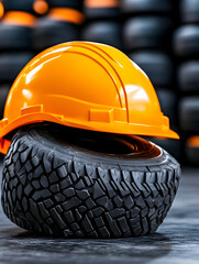 Safety helmet atop tire; industrial setting