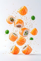 Salmon sushi rolls and wasabi peas levitating against white background