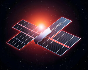 Satellite in space, glowing red background