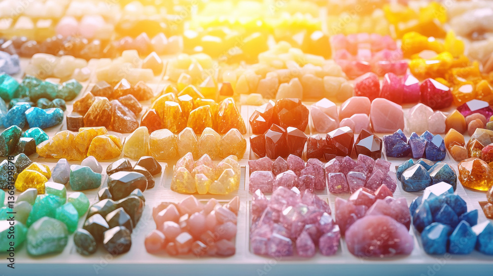 Poster colorful gemstones displayed in various shapes and sizes under warm lighting.