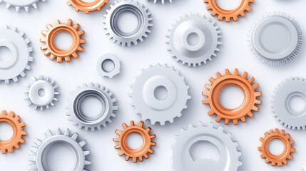Scattered silver and copper gears and nuts on white background