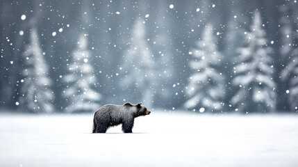 black bear stands in snowy landscape, sniffing air amidst falling snowflakes. serene atmosphere is enhanced by blurred silhouettes of evergreen trees in background