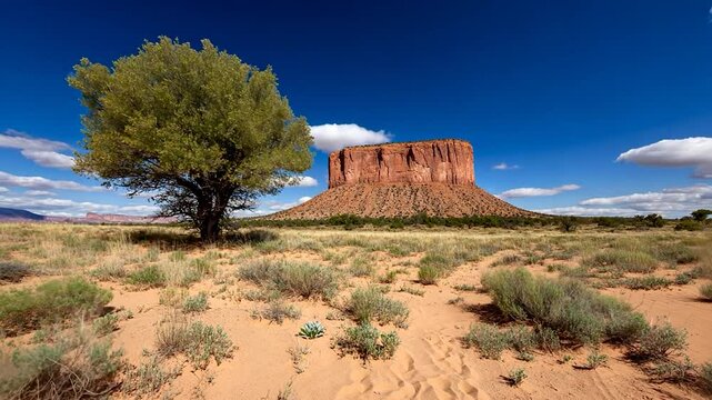Majestic mesa under a vibrant sky with a lone tree in the foreground and desert vegetation