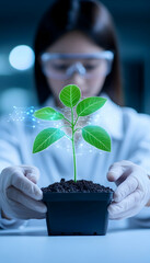 Scientist examines a small plant seedling with glowing particles, signifying growth and research in a lab