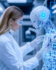 Scientist examining a humanoid robot in a lab