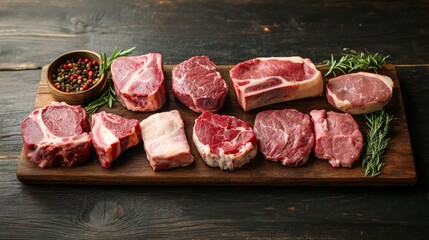 Meat cuts diagrams. Beef, pork, mutton and chicken cuts of meat. Vintage poster for groceries, butcher shop and meat store. Vector illustration