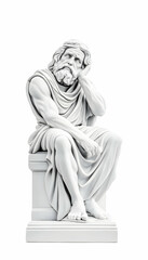 Seated, pensive, classical-style marble statue of an elderly man, isolated on white