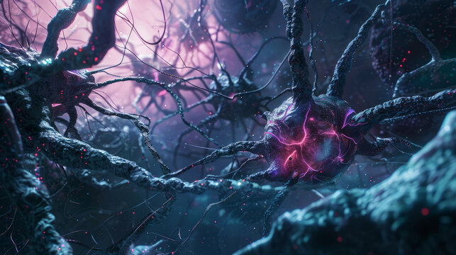 pulsating synapses, vibrant tendrils, artificial intelligence lifeform, textured surface, alien landscape