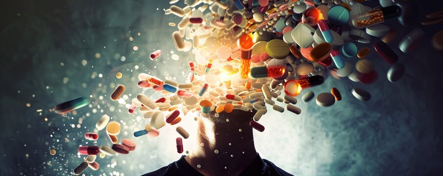 Conceptual image of drug dependency with pills exploding from man's head