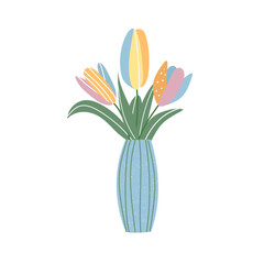 Tulips bouquet with leaves in pottery vase. Cut flowers in modern floral pot. Home interior decoration in minimal style with plants, flora. Flat isolated vector illustration on white background