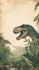 A vintage Tyrannosaurus illustration in sepia tones, designed as a decorative banner with botanical elements and a retro scientific engraving style