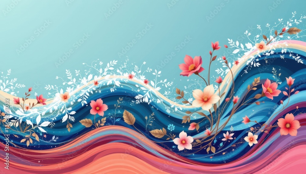 Poster floral ocean waves design an abstract ocean wave scene where twisting leaves and flowers merge with 