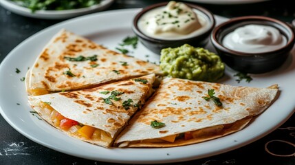 Delicious Chicken Quesadilla With Colorful Vegetables and Smooth Melted Cheese on White Plate