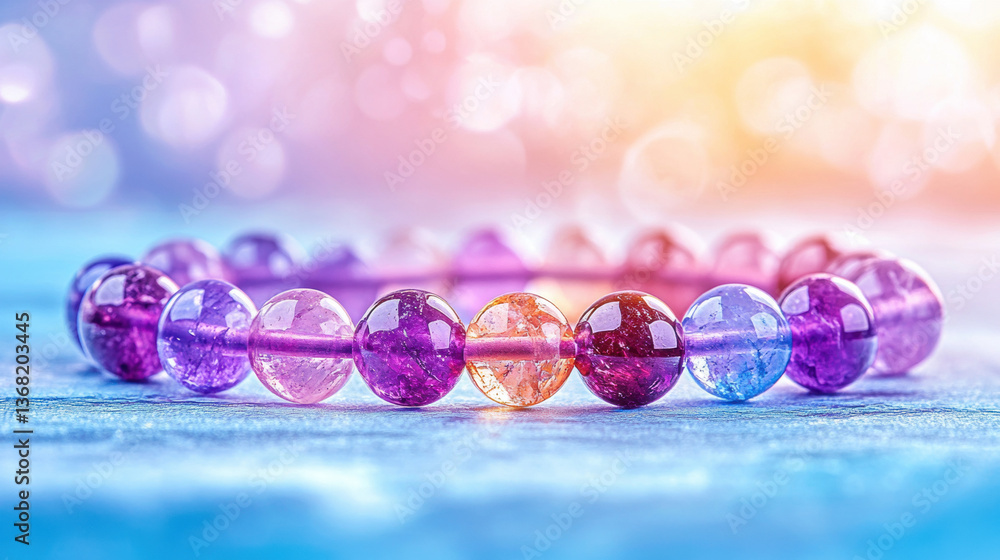Poster a colorful bracelet of translucent beads with a dreamy background of soft bokeh.