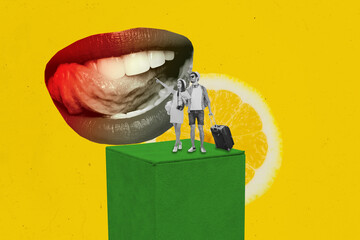 Trendy art creative vertical photo collage of two happy girl guy carry baggage lemon slice detox...