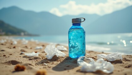 Plastic waste on a beautiful beach landscape.