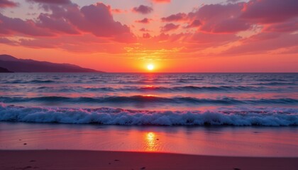 Fototapeta premium A romantic Valentine's Day background featuring Sunset over a calm beach, designed in soft pinks, reds, and gold tones.