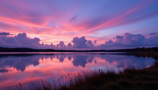 A dreamy Valentine's Day scene with heart shaped clouds in a twilight sky, casting warm hues of pink and lavender over a serene lake.