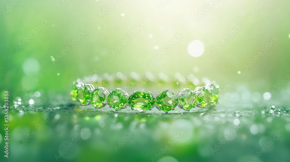 Poster a sparkling green bracelet on a shimmering background with soft bokeh effects.