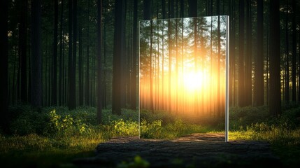 Obraz premium Ethereal Reflection of Sunrise in Forest with Mirror Installation