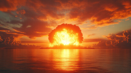 A massive nuclear explosion erupts over the sea at sunset, symbolizing the power of technology, destruction, and the fragility of nature in a modern world