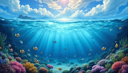 Naklejka premium Vibrant coral reef underwater scene with fish.