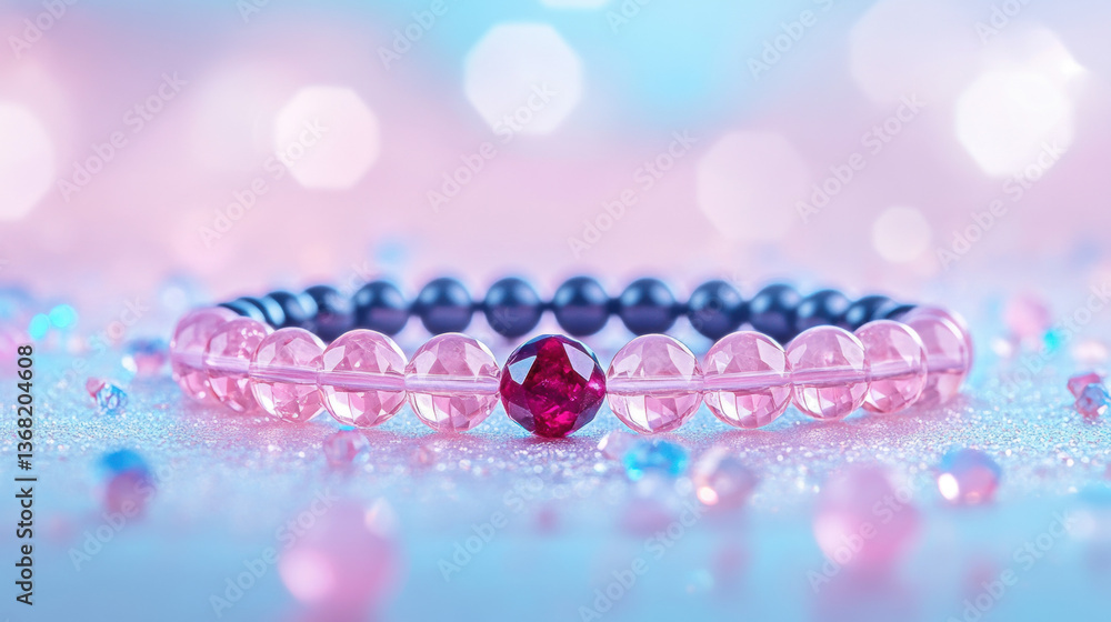 Poster a colorful bracelet surrounded by shimmering gems on a soft background.