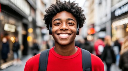 Naklejka premium Realistic photograph capturing a young African man in a red shirt with modern headphones and a casual backpack in a vibrant urban environment