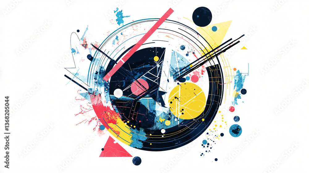Poster an abstract clock surrounded by chaotic paint splashes and circular forms creating a unique and arti