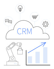 Robotic arm interacts with CRM cloud linked to icons for innovation, communication, shopping, and settings above growth chart. Ideal for efficiency, workflow, technology, analytics, strategy