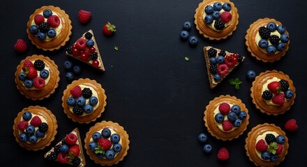 Fototapeta premium Delicious berry tarts arranged symmetrically against dark background create vibrant food photography. AI Generated