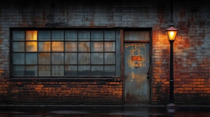 Urban, brick building facade at night.  Dimly lit windows and a single lamp post illuminate the scene
