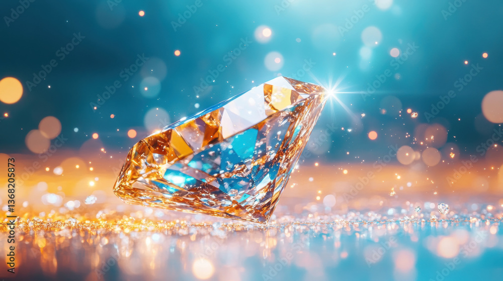Poster sparkling diamond with colorful facets and shimmering background of light reflections.