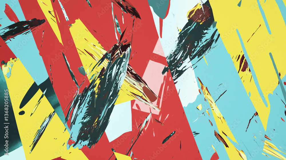Poster a colorful abstract painting with energetic color blocks arranged in a dynamic composition evoking f