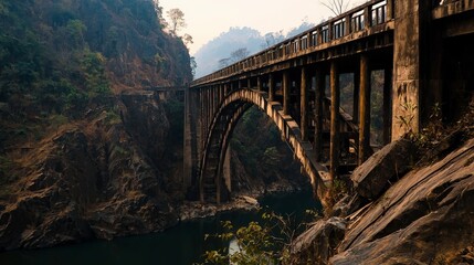 Historic arch bridge over serene river mountainous region photography natural landscape ground perspective architectural beauty