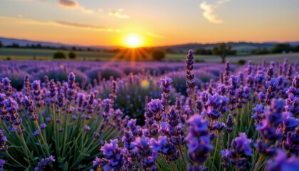 Fototapeta premium As the sun dips below the horizon, the vibrant purple flowers of the lavender field seem to glow in the dim light.