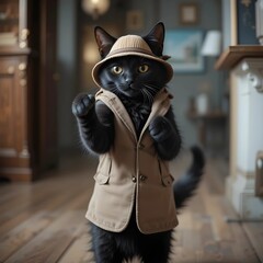 Detective Cat on the Case: A sophisticated black cat, adorned in a stylish detective outfit including a hat and jacket, stands poised in an inviting indoor setting, Ai generated image.