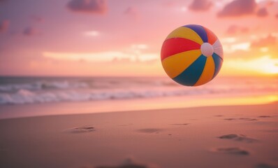 Colorful beach ball at sunset
