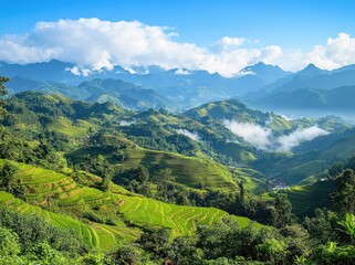 Obraz premium Landscape of lush green mountains and rice fields in the fog, the background is a blue sky with white clouds