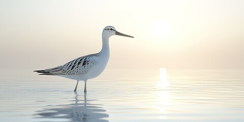 Obraz premium Common greenshank wades in shallow water at sunrise in natural habitat location