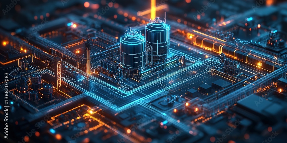 Poster industrial futuristic factory schematic with storage tanks and connecting infrastructure
