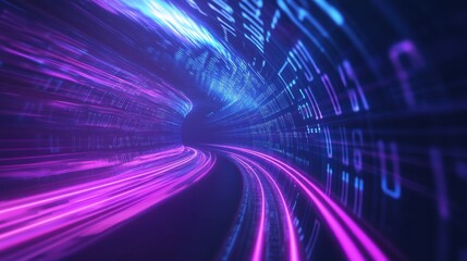 Abstract digital tunnel with vibrant neon lights and data visualizations creating a sense of speed and technological advancement in a futuristic environment