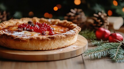 This tempting holiday pie, adorned with fresh red berries, embodies the spirit of festive gatherings, showcasing a beautifully baked crust that invites indulgence and celebration.